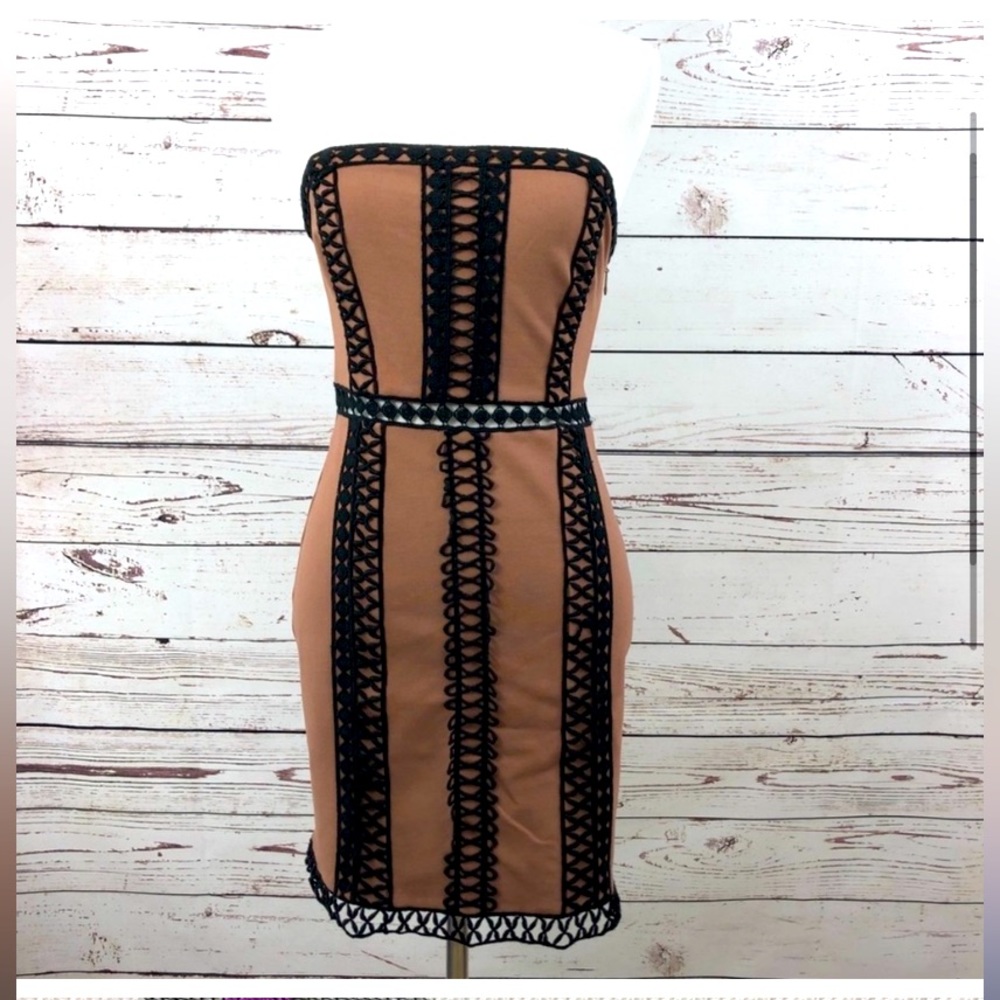 Free People Black Nude Brown Crochet Strapless Bustier Dress